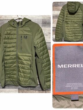Merrell Hooded Puffer Softshell Jacket Men’s L Olive Green Full Zip Quilted
